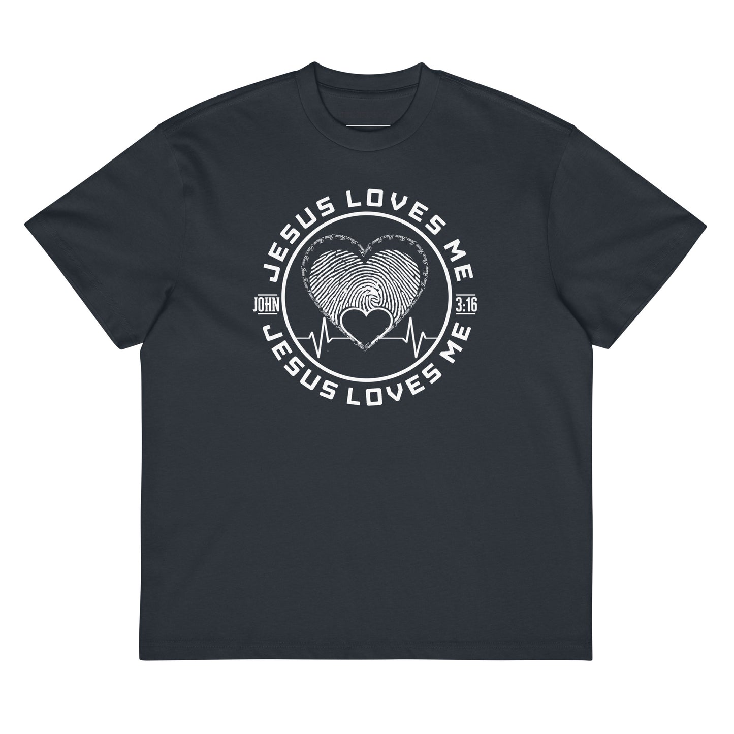 Box Tee navy “Jesus Loves Me” tee from One Believer — inspirational Christian shirt spreading faith through everyday fashion.