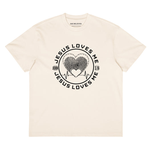 Box Tee vintage white “Jesus Loves Me” tee from One Believer — inspirational Christian shirt spreading faith through everyday fashion.