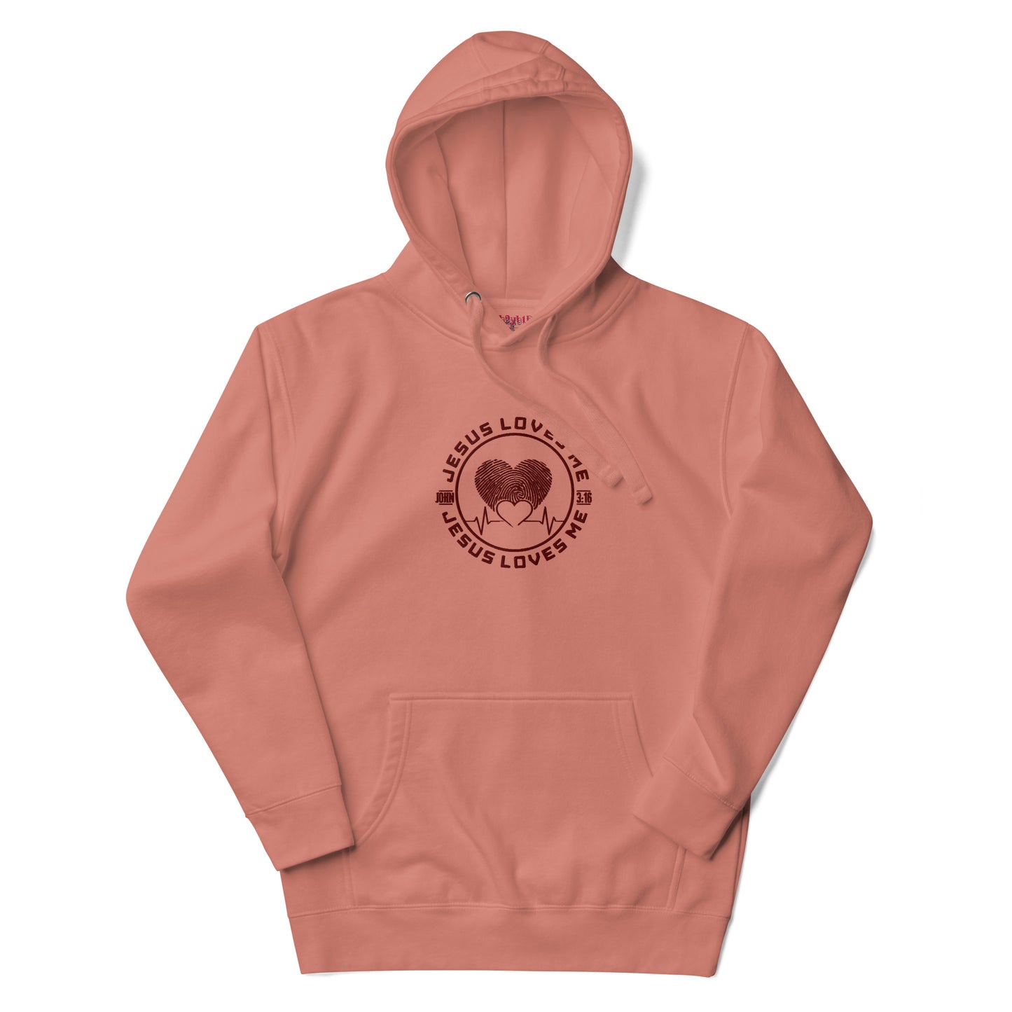 Embroidered unisex “Jesus Loves Me” hoodie in dusty rose from One Believer — soft Christian streetwear made for believers who live their faith out loud.