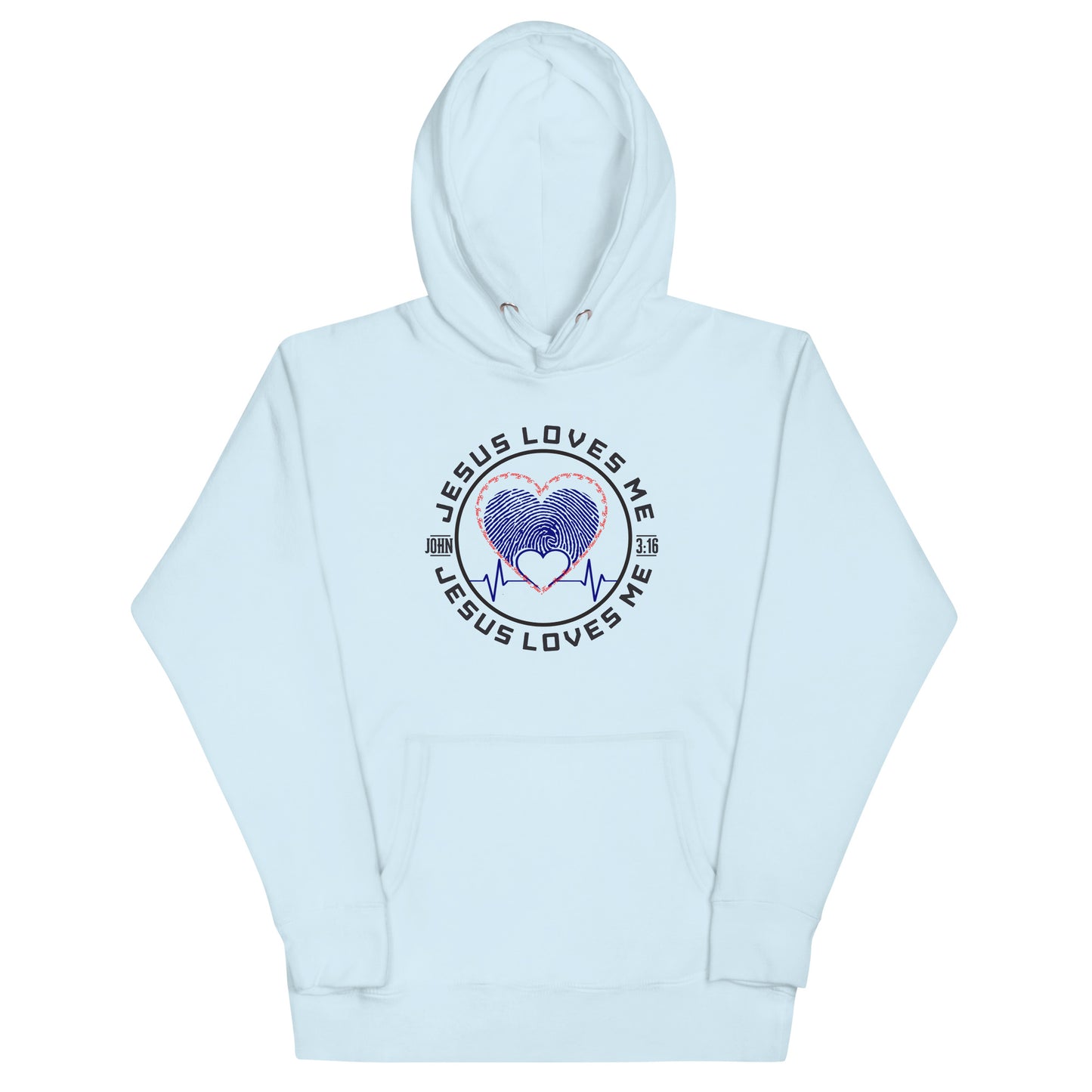 Unisex “Jesus Loves Me” hoodie in sky blue from One Believer — bold Christian streetwear for believers who live their faith out loud.