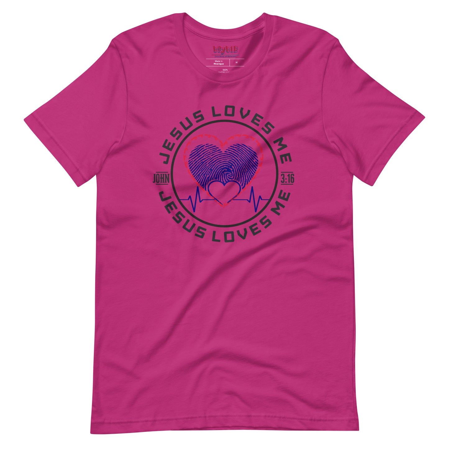 Unisex berry “Jesus Loves Me” tee from One Believer — inspirational Christian shirt spreading faith through everyday fashion.