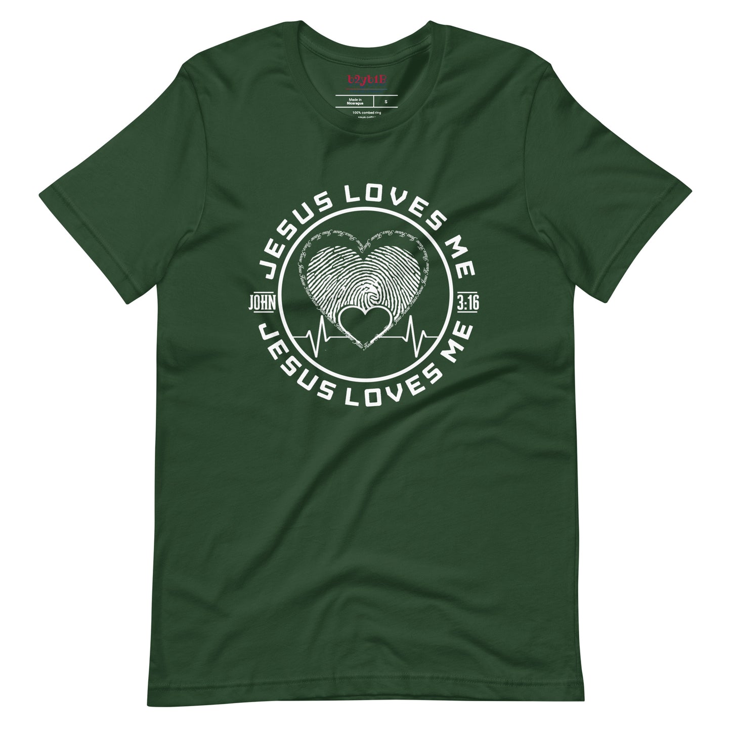 Unisex forest “Jesus Loves Me” tee from One Believer — inspirational Christian shirt spreading faith through everyday fashion.