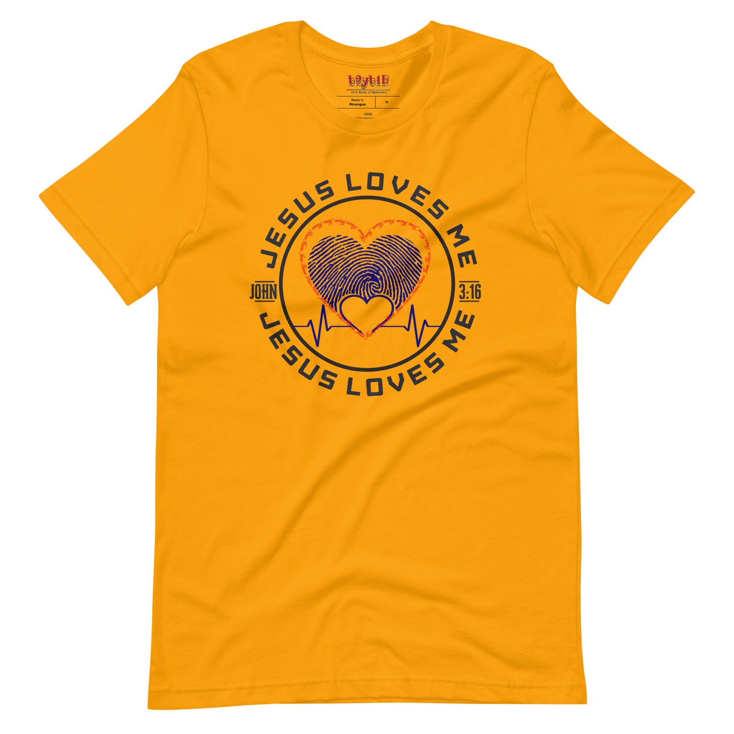 Unisex gold “Jesus Loves Me” tee from One Believer — inspirational Christian shirt spreading faith through everyday fashion.
