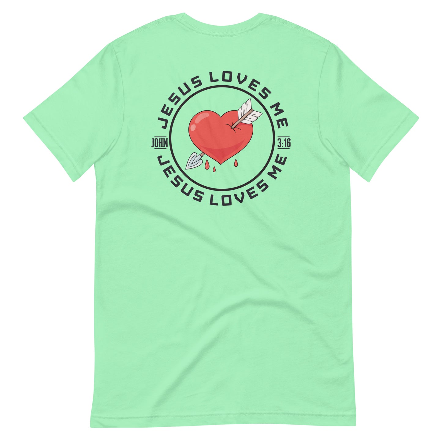 Unisex mint “Jesus Loves Me” back of shirt from One Believer — inspirational Christian shirt spreading faith through everyday fashion.