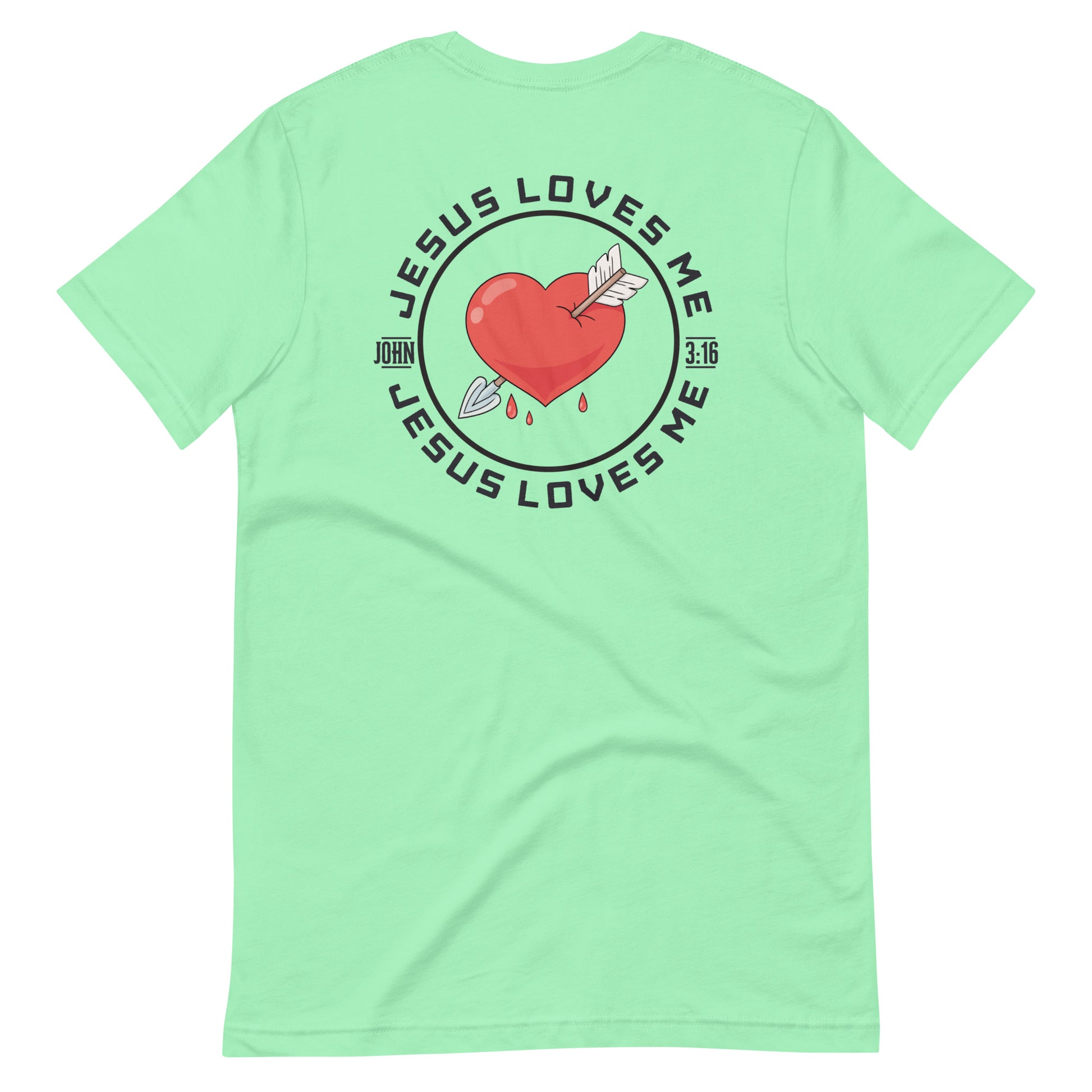Unisex mint “Jesus Loves Me” back of shirt from One Believer — inspirational Christian shirt spreading faith through everyday fashion.