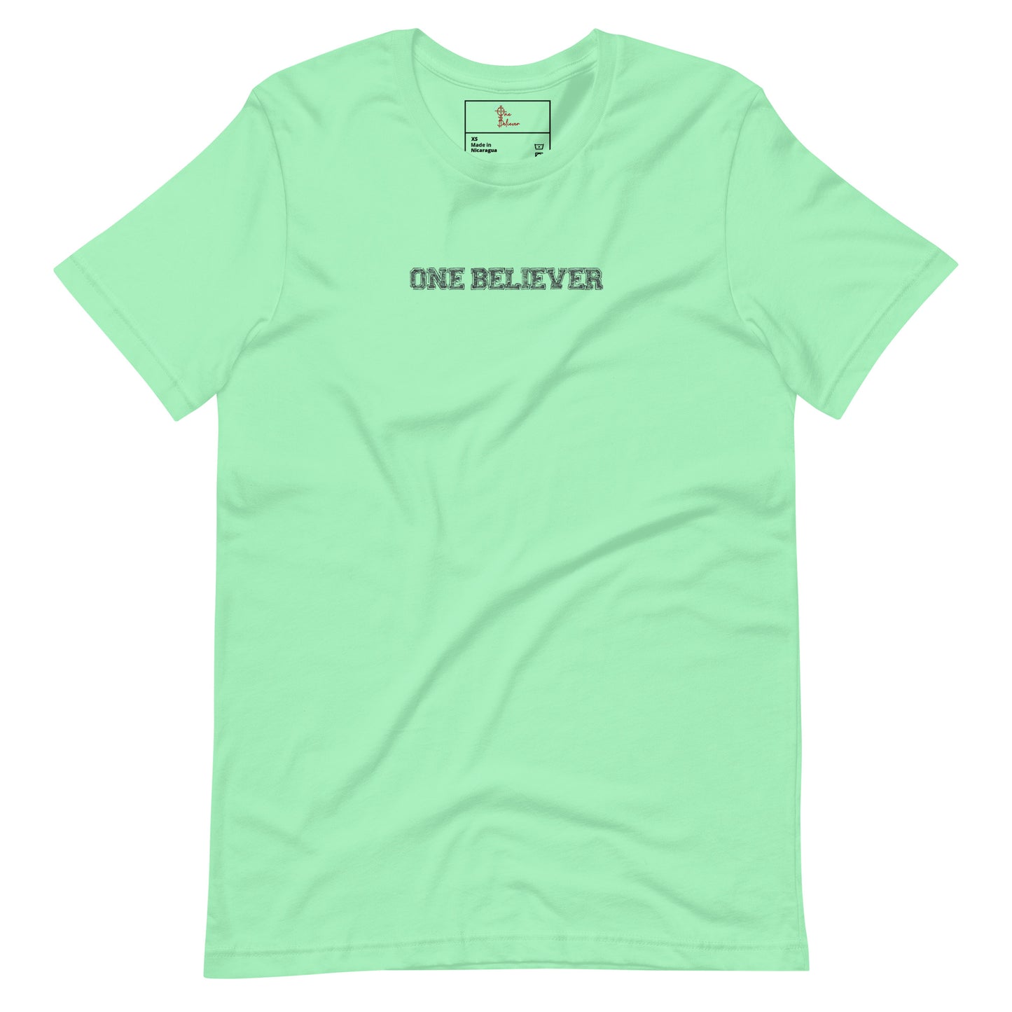 Unisex mint “Jesus Loves Me” front of shirt from One Believer — inspirational Christian shirt spreading faith through everyday 