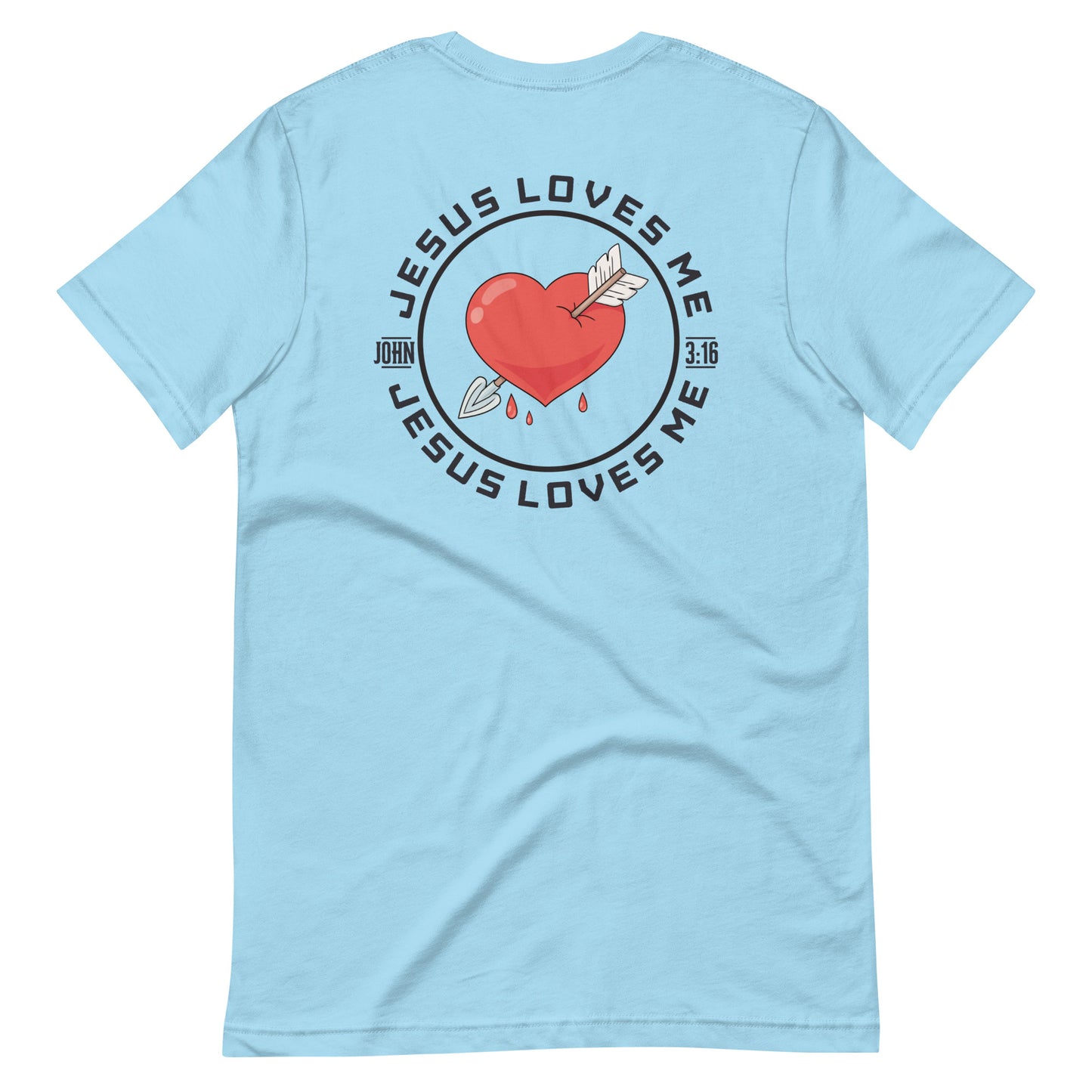 Unisex ocean blue “Jesus Loves Me” back of shirt from One Believer — inspirational Christian shirt spreading faith through everyday fashion.