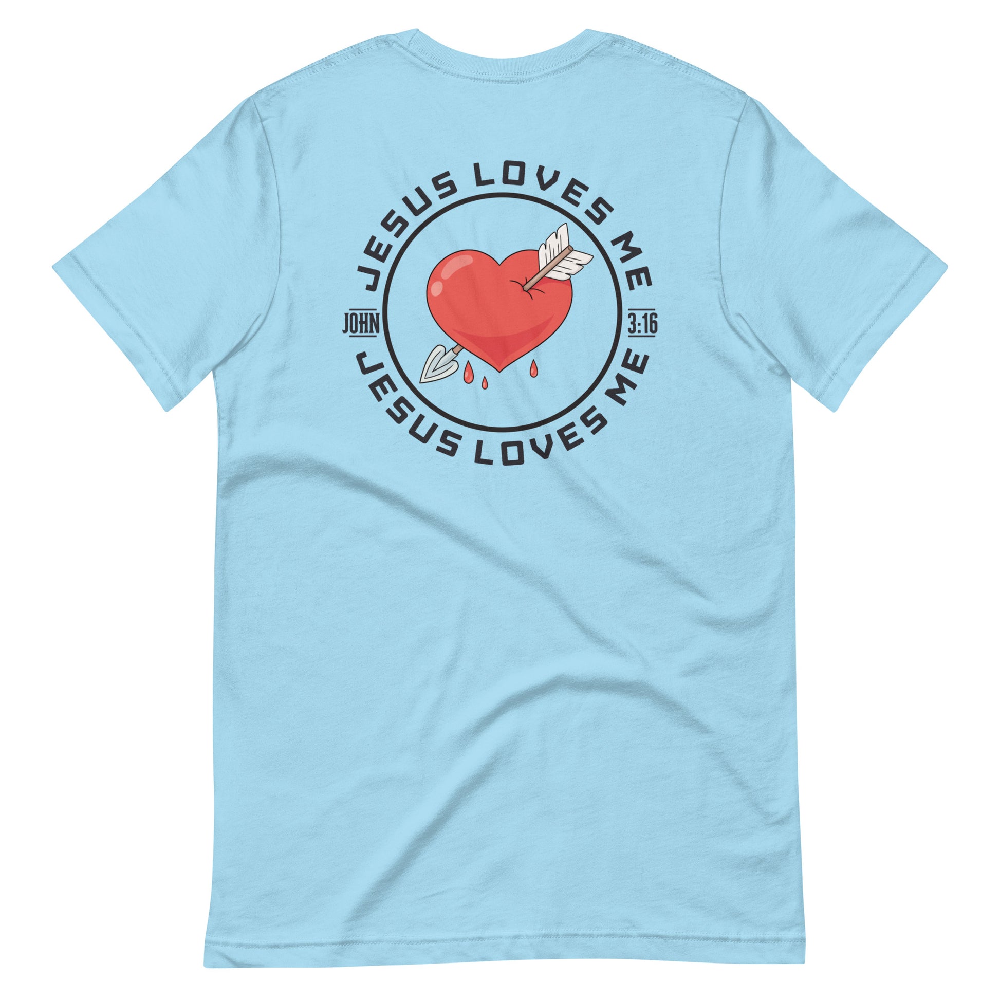 Unisex ocean blue “Jesus Loves Me” back of shirt from One Believer — inspirational Christian shirt spreading faith through everyday fashion.