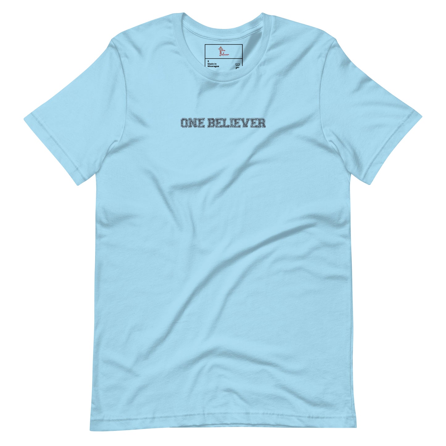 Unisex ocean blue “Jesus Loves Me” front of shirt from One Believer — inspirational Christian shirt spreading faith through everyday 