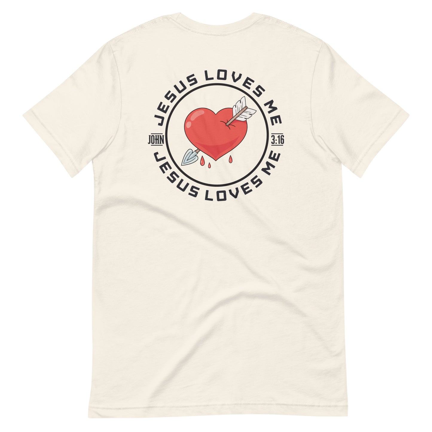 Unisex vintage white “Jesus Loves Me” back of shirt from One Believer — inspirational Christian shirt spreading faith through everyday fashion.