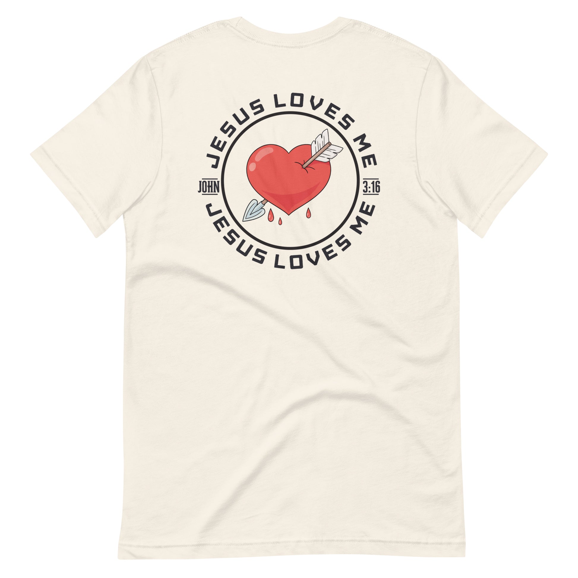 Unisex vintage white “Jesus Loves Me” back of shirt from One Believer — inspirational Christian shirt spreading faith through everyday fashion.