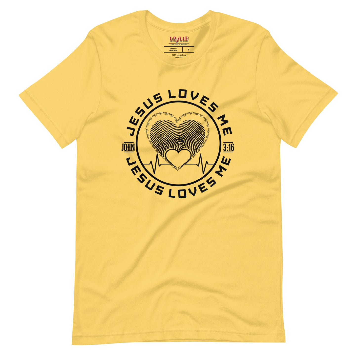 Unisex yellow “Jesus Loves Me” tee from One Believer — inspirational Christian shirt spreading faith through everyday fashion.