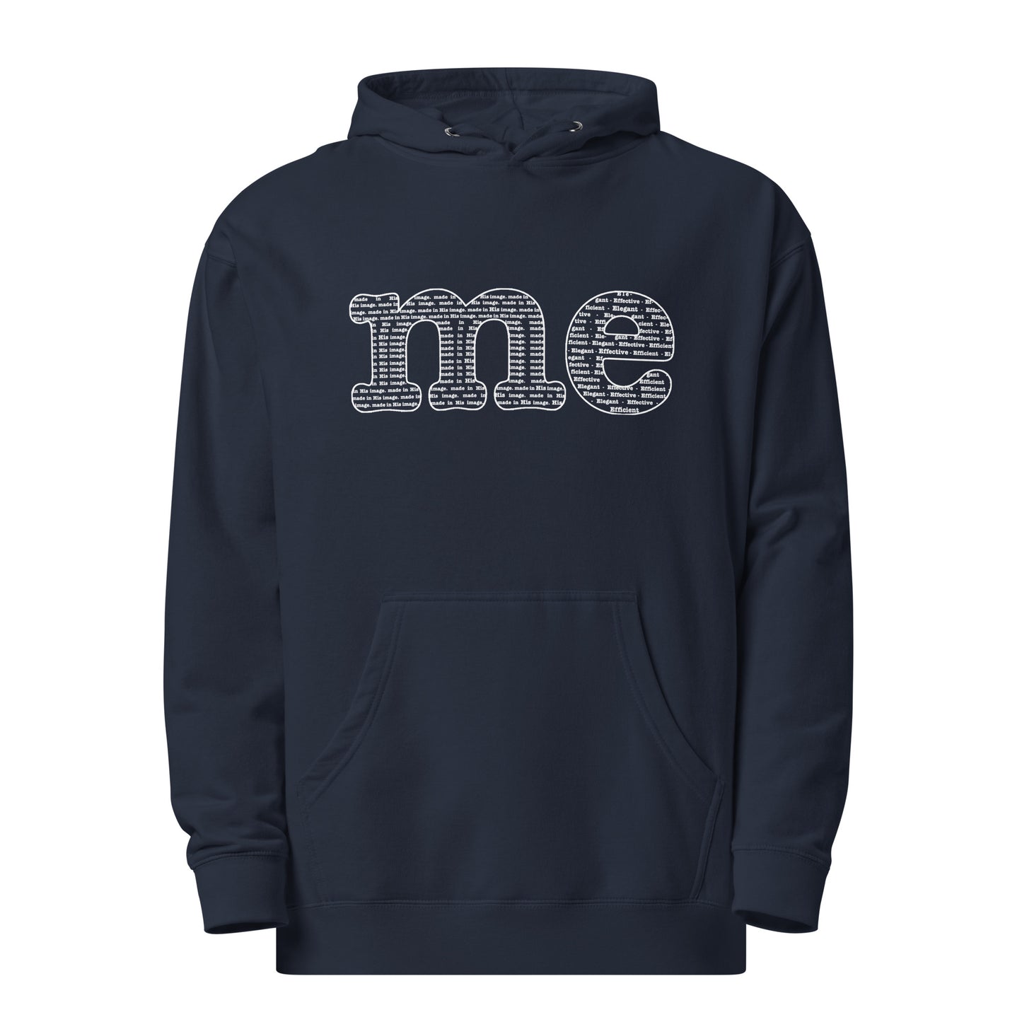 unisex “Me” hoodie in navy from One Believer — minimalist Christian streetwear celebrating identity and faith.
