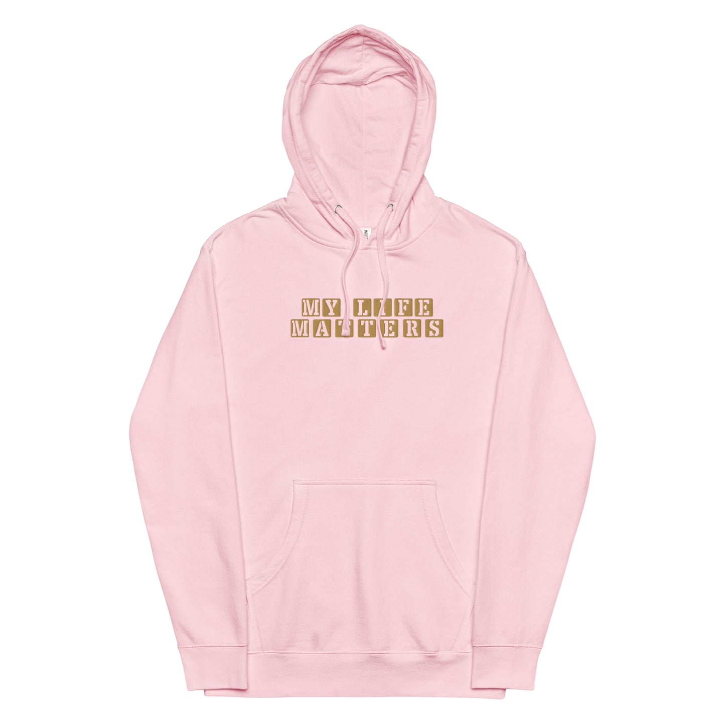 Embroidered unisex “My Life Matters” hoodie in light pink from One Believer — bold Christian streetwear declaring faith, worth, and purpose.