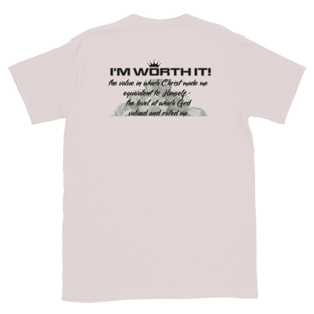 Unisex sand back “I’m Worth It” t-shirt in ice grey back from One Believer — faith-inspired tee affirming confidence, purpose, and divine value.