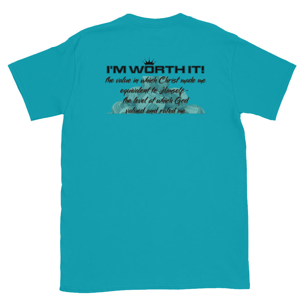 Unisex “I’m Worth It” t-shirt in tropical blue back from One Believer — faith-inspired tee affirming confidence, purpose, and divine value.