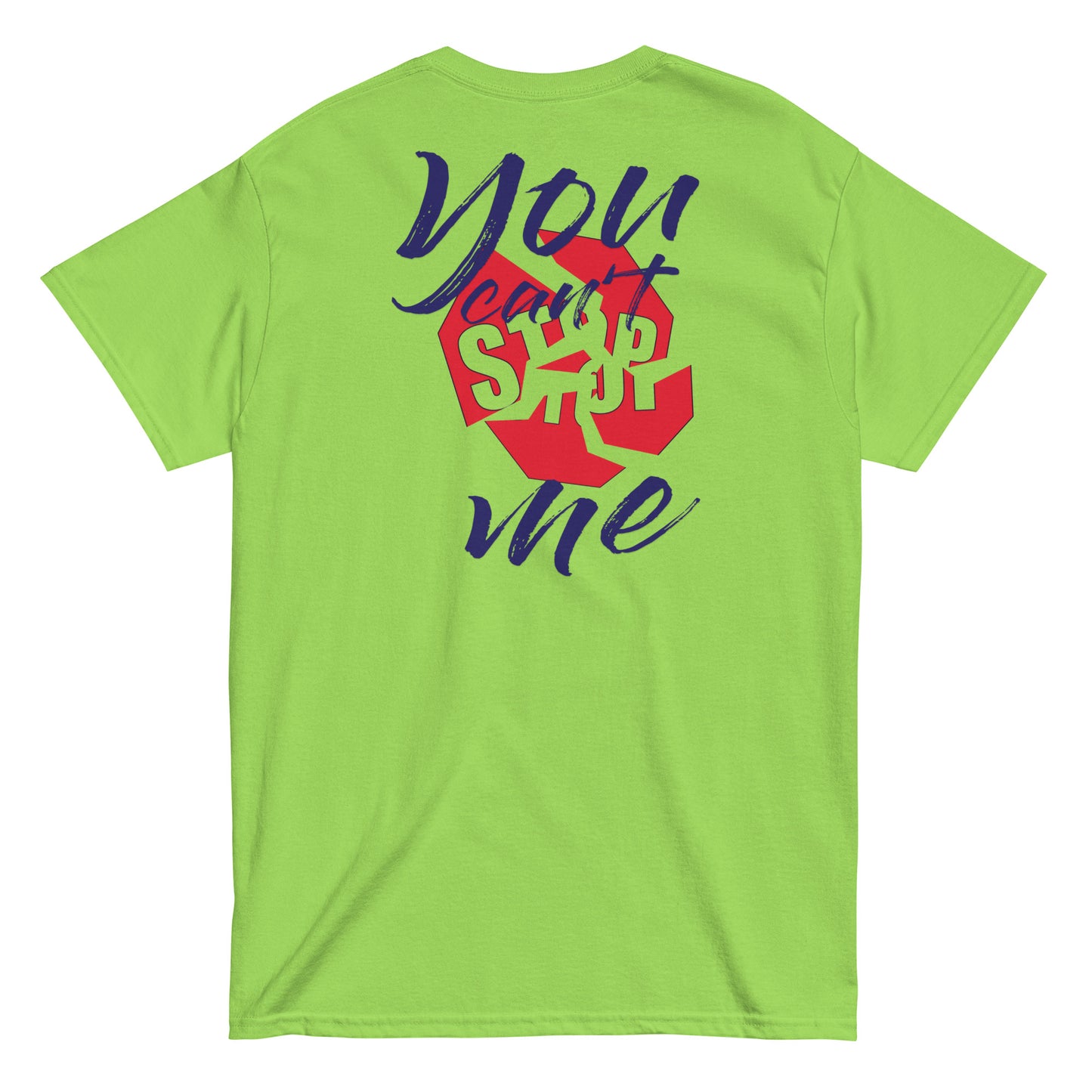 Unisex “You Can’t Stop Me” t-shirt in lime  back from One Believer — Christian tee inspiring courage, confidence, and faith.