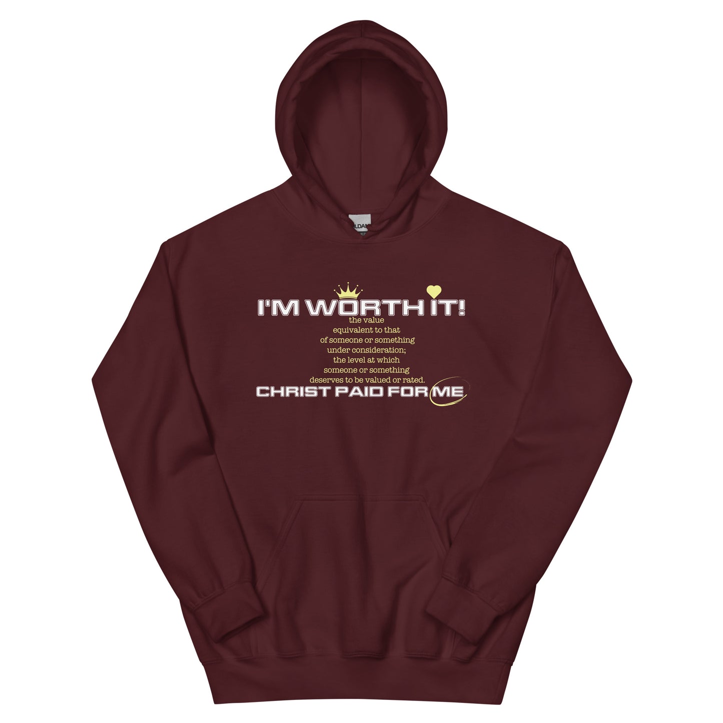 Unisex “I’m Worth It” hoodie in maroon from One Believer — bold Christian streetwear reminding believers of their God-given worth.