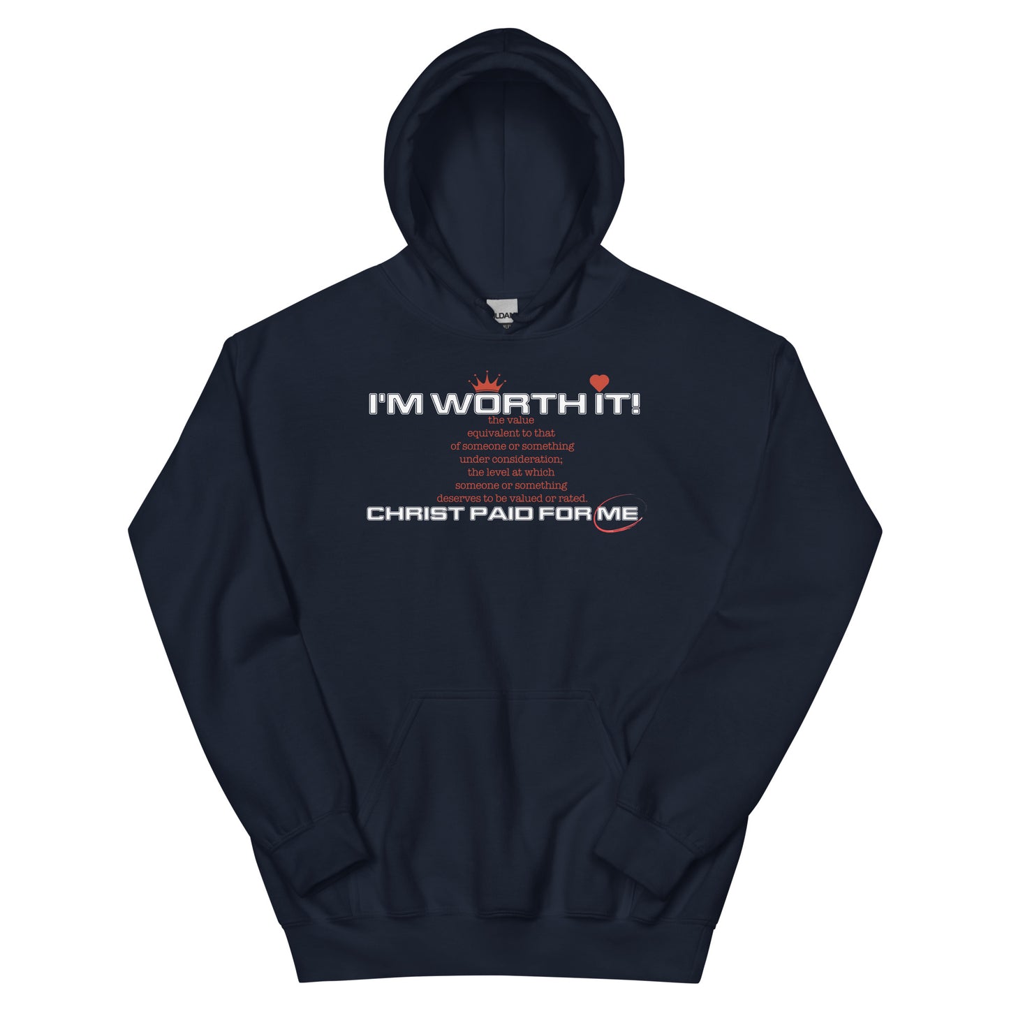 Unisex “I’m Worth It” hoodie in navy from One Believer — bold Christian streetwear reminding believers of their God-given worth.