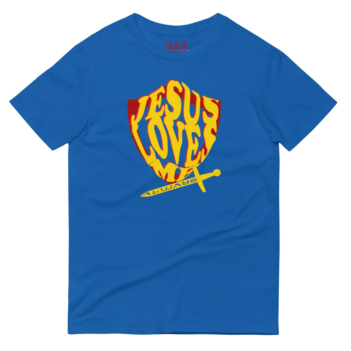 Unisex royal blue “Jesus Loves Me” Gold | Red Shield from One Believer — inspirational Christian shirt spreading faith through everyday fashion.