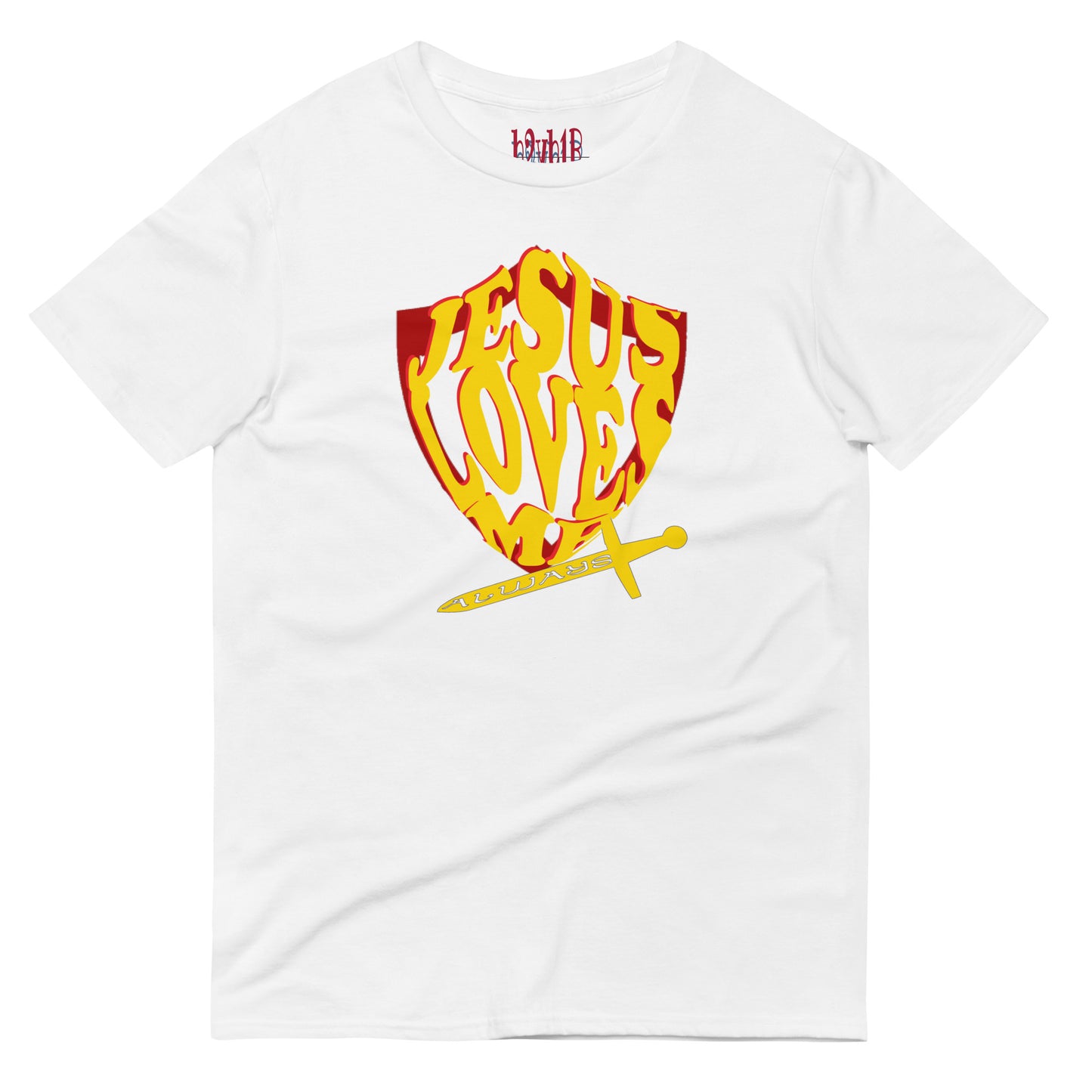 Unisex white “Jesus Loves Me” Gold | Red Shield from One Believer — inspirational Christian shirt spreading faith through everyday fashion.