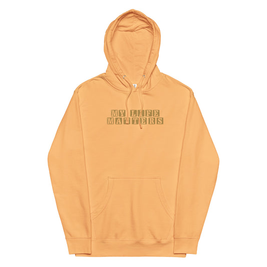 Embroidered unisex “My Life Matters” hoodie in peach from One Believer — bold Christian streetwear declaring faith, worth, and purpose.