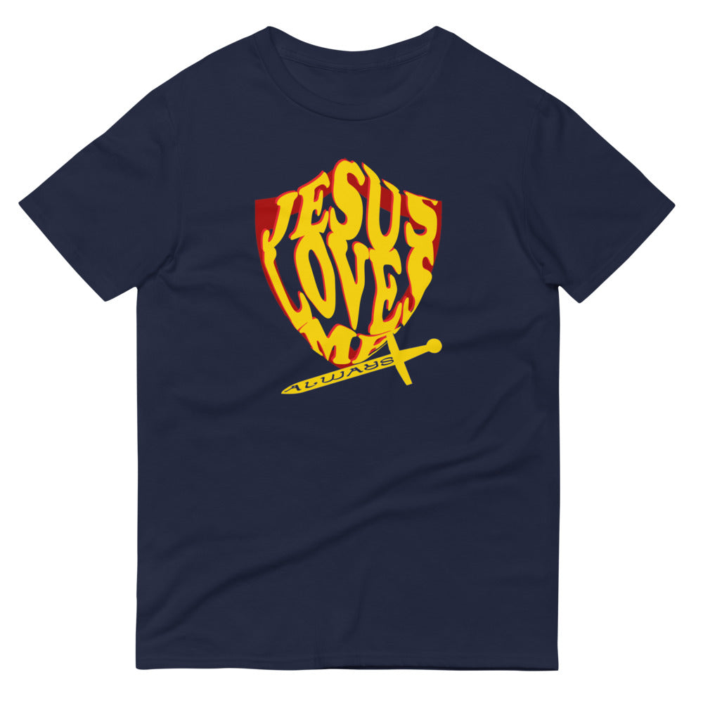 Unisex navy “Jesus Loves Me” Shield tee  from One Believer — inspirational Christian shirt spreading faith through everyday fashion.