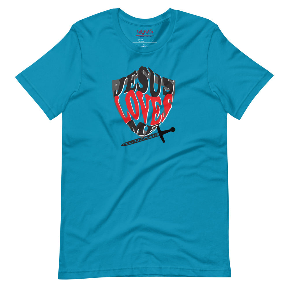 Unisex  aqua “Jesus Loves Me” Shield tee  from One Believer — inspirational Christian shirt spreading faith through everyday fashion.