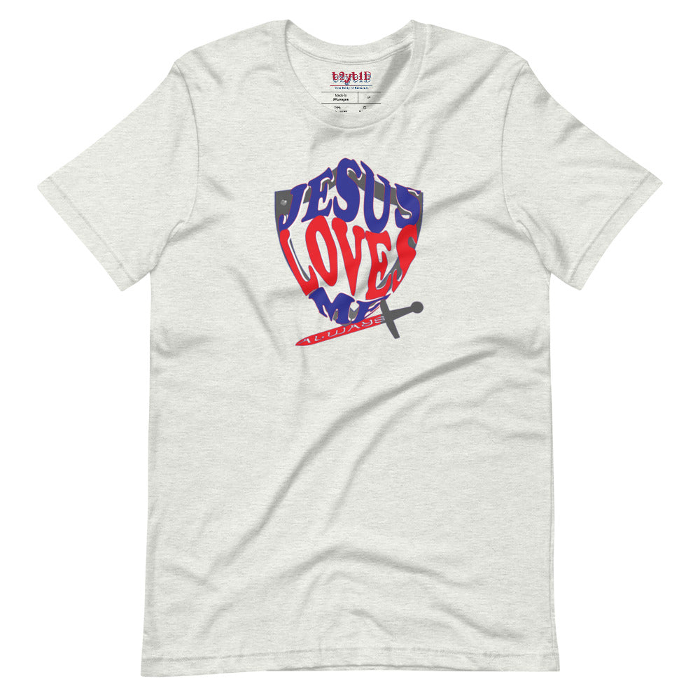 Unisex ash “Jesus Loves Me” Shield tee  from One Believer — inspirational Christian shirt spreading faith through everyday fashion.