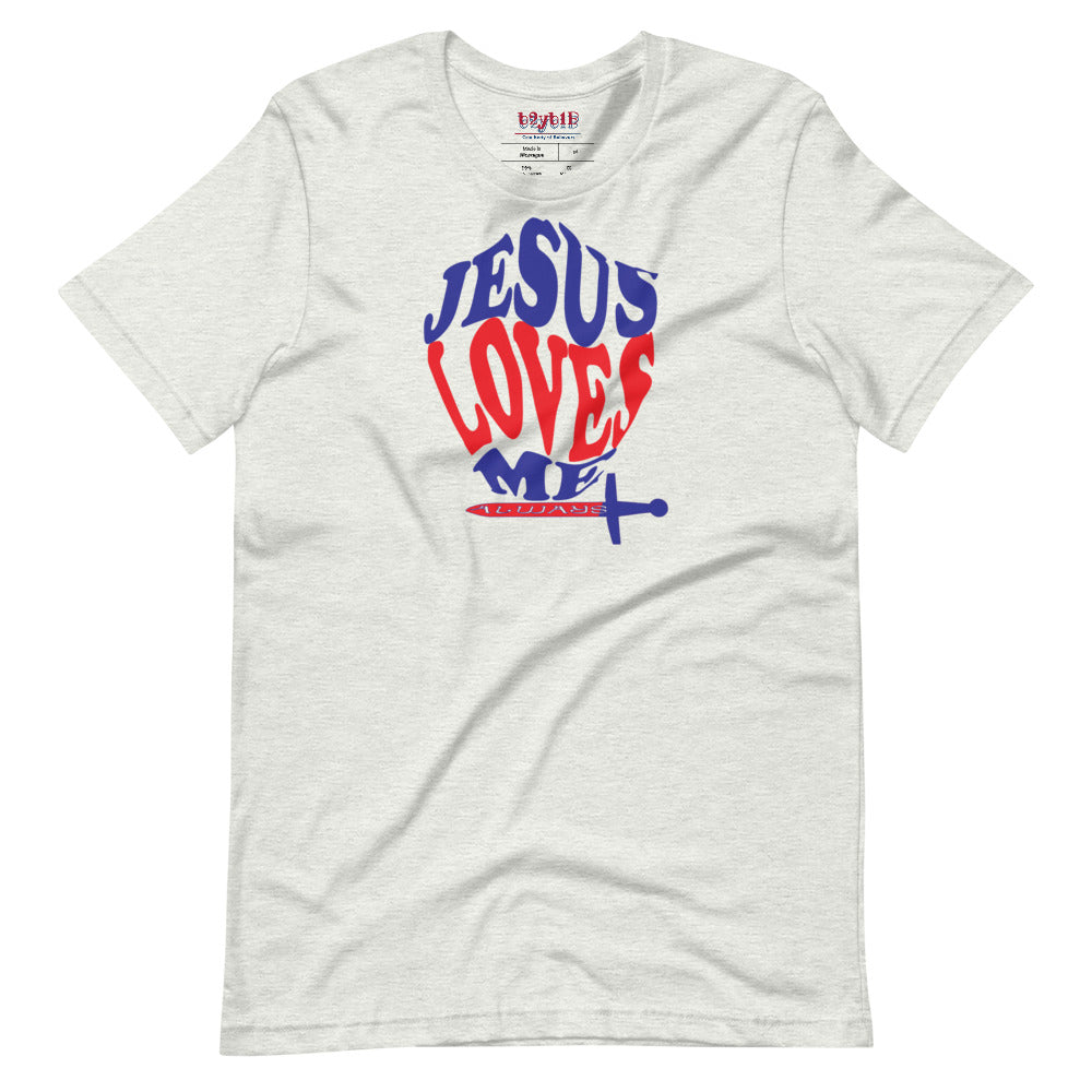 Unisex ash “Jesus Loves Me” Shield tee  from One Believer — inspirational Christian shirt spreading faith through everyday fashion.