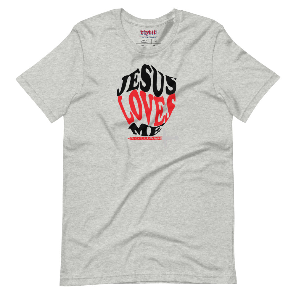 Unisex athletic heather “Jesus Loves Me” Shield tee  from One Believer — inspirational Christian shirt spreading faith through everyday fashion.
