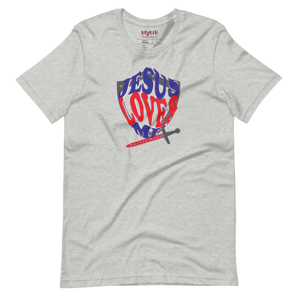 Unisex athletic heather “Jesus Loves Me” Shield tee  from One Believer — inspirational Christian shirt spreading faith through everyday fashion.