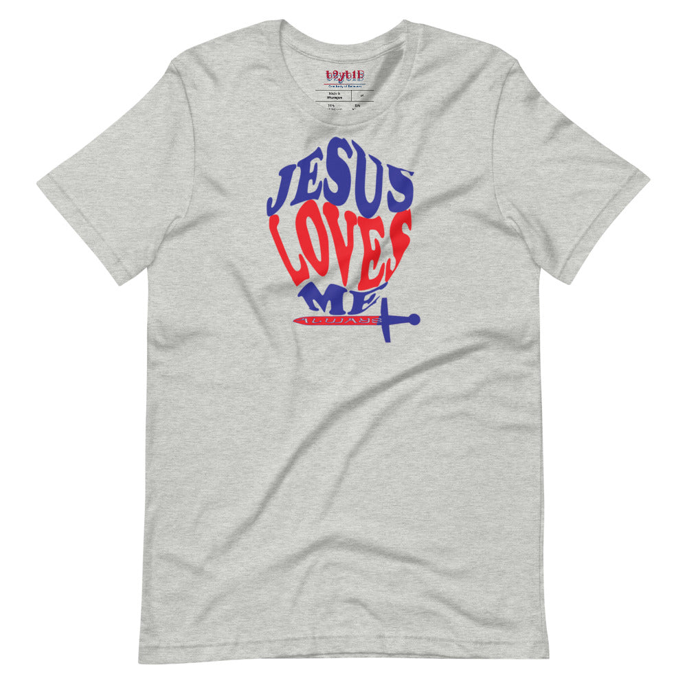 Unisex athletic heather “Jesus Loves Me” Shield tee  from One Believer — inspirational Christian shirt spreading faith through everyday fashion.