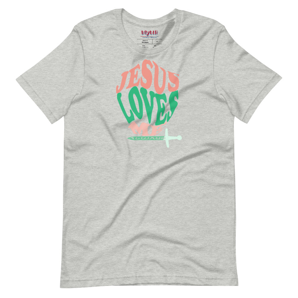 Unisex athletic heather “Jesus Loves Me” Shield tee  from One Believer — inspirational Christian shirt spreading faith through everyday fashion.