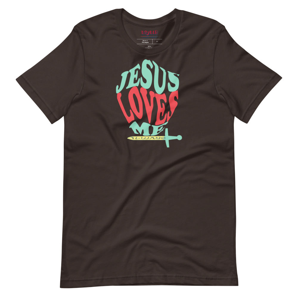 Unisex brown “Jesus Loves Me” Shield tee  from One Believer — inspirational Christian shirt spreading faith through everyday fashion.