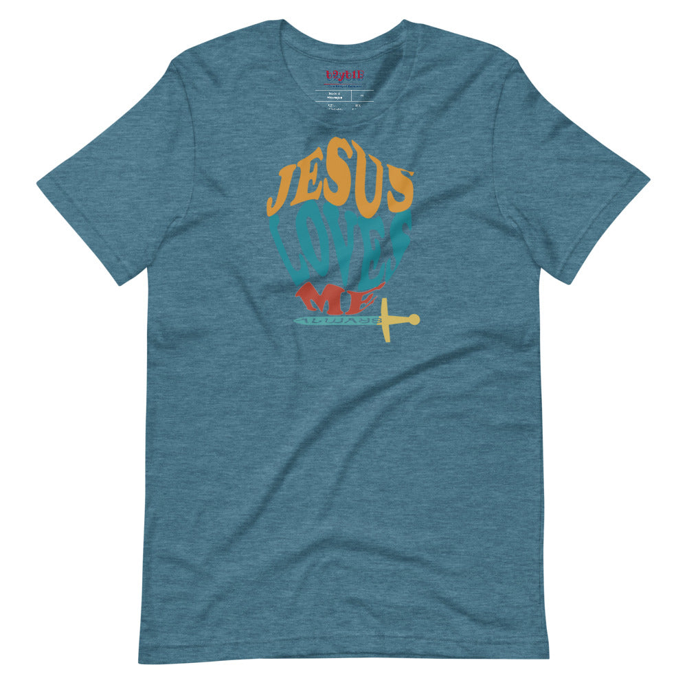 Unisex heather deep teal “Jesus Loves Me” Shield tee  from One Believer — inspirational Christian shirt spreading faith through everyday fashion.