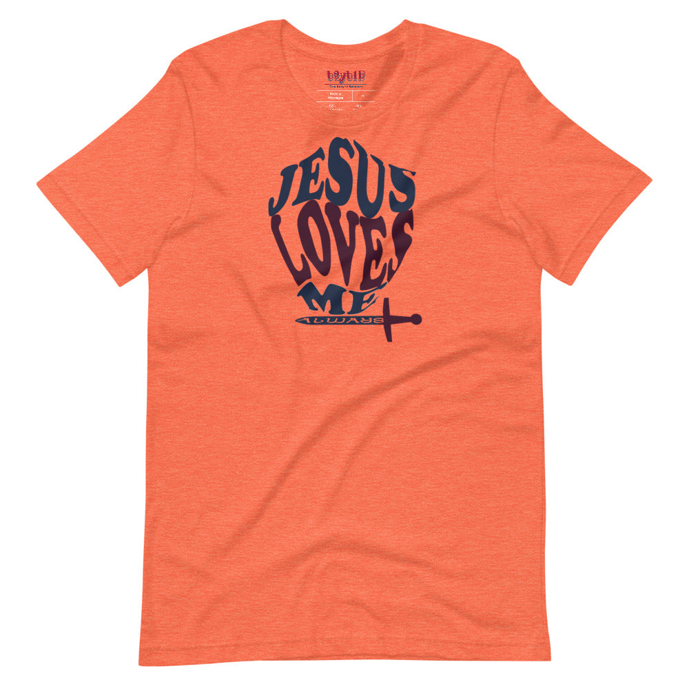 Unisex heather orange “Jesus Loves Me” Shield tee  from One Believer — inspirational Christian shirt spreading faith through everyday fashion.
