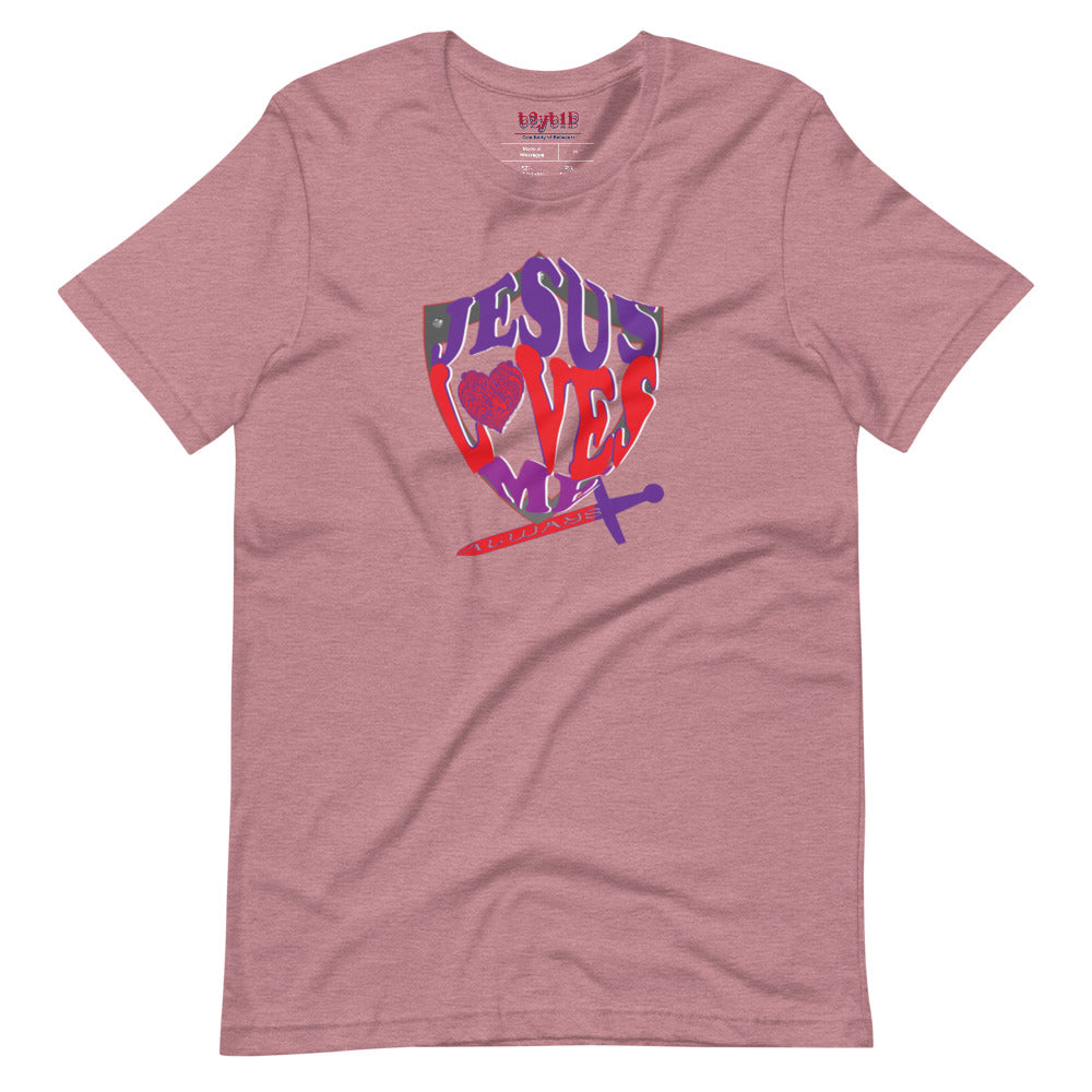 Unisex  heather orchid “Jesus Loves Me” Shield tee  from One Believer — inspirational Christian shirt spreading faith through everyday fashion.
