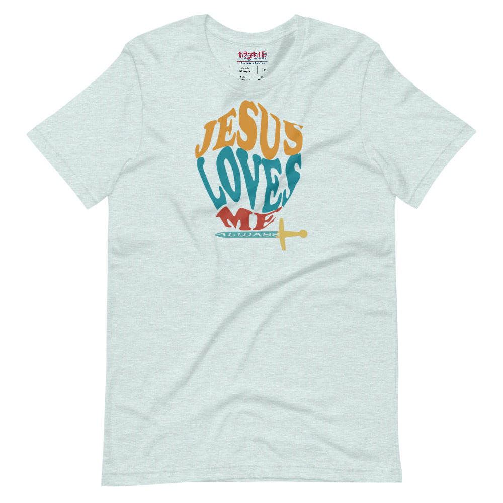 Unisex heather prism ice blue “Jesus Loves Me” Shield tee  from One Believer — inspirational Christian shirt spreading faith through everyday fashion.