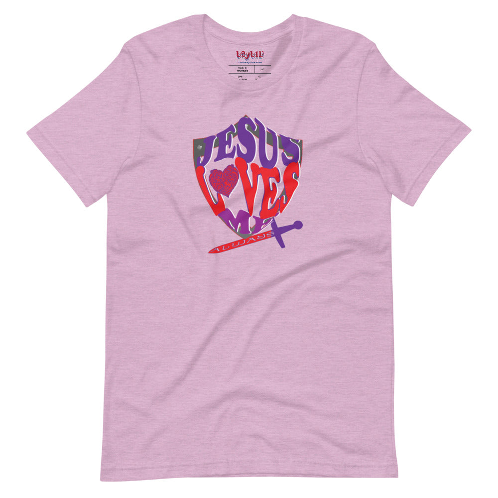 Unisex  heather prism lilac “Jesus Loves Me” Shield tee  from One Believer — inspirational Christian shirt spreading faith through everyday fashion.