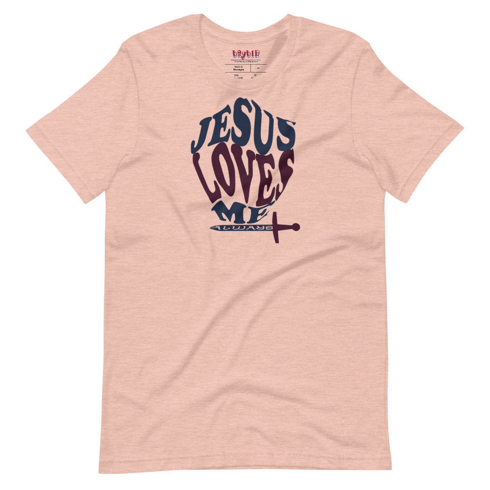 Unisex heather prism peach “Jesus Loves Me” Shield tee  from One Believer — inspirational Christian shirt spreading faith through everyday fashion.