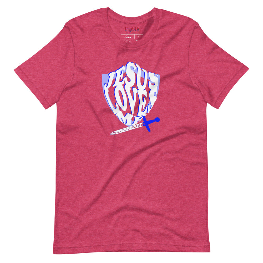 Unisex  heather raspberry “Jesus Loves Me” Shield tee  from One Believer — inspirational Christian shirt spreading faith through everyday fashion.