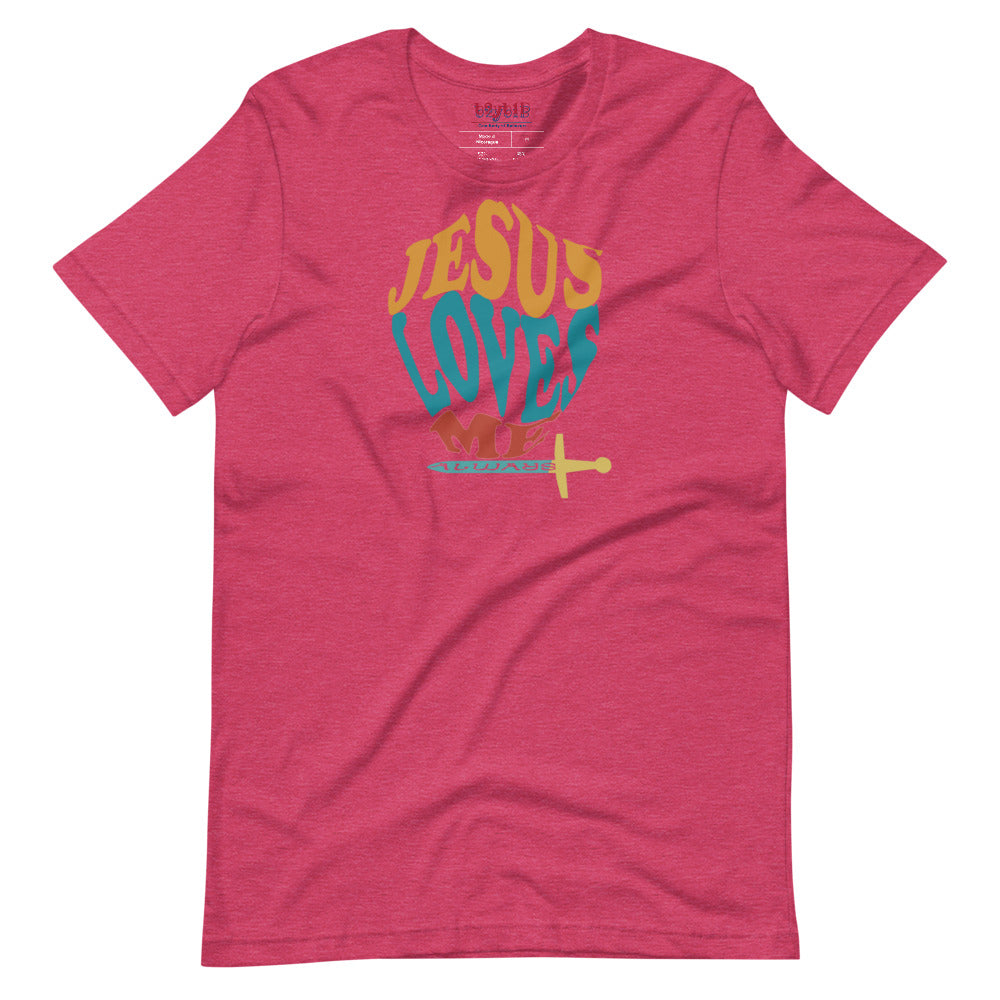 Unisex heather raspberry “Jesus Loves Me” Shield tee  from One Believer — inspirational Christian shirt spreading faith through everyday fashion.