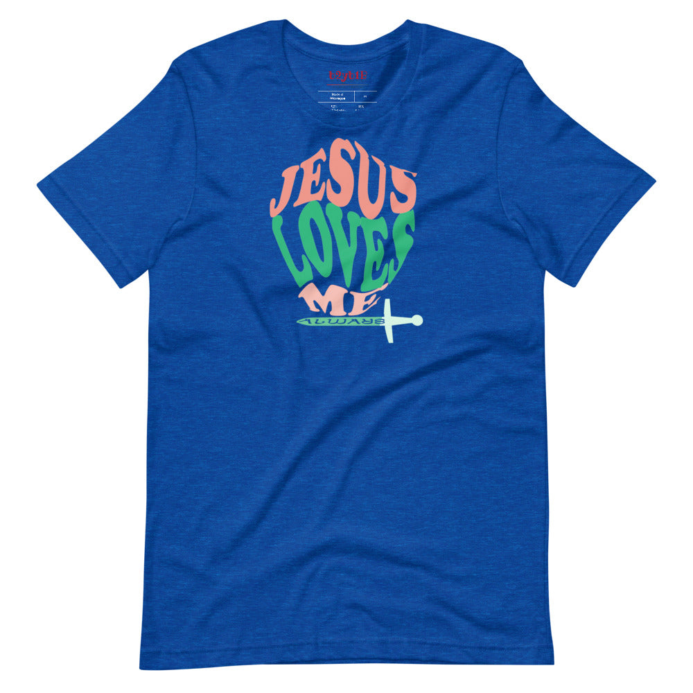 Unisex heather true  royal “Jesus Loves Me” Shield tee  from One Believer — inspirational Christian shirt spreading faith through everyday fashion.
