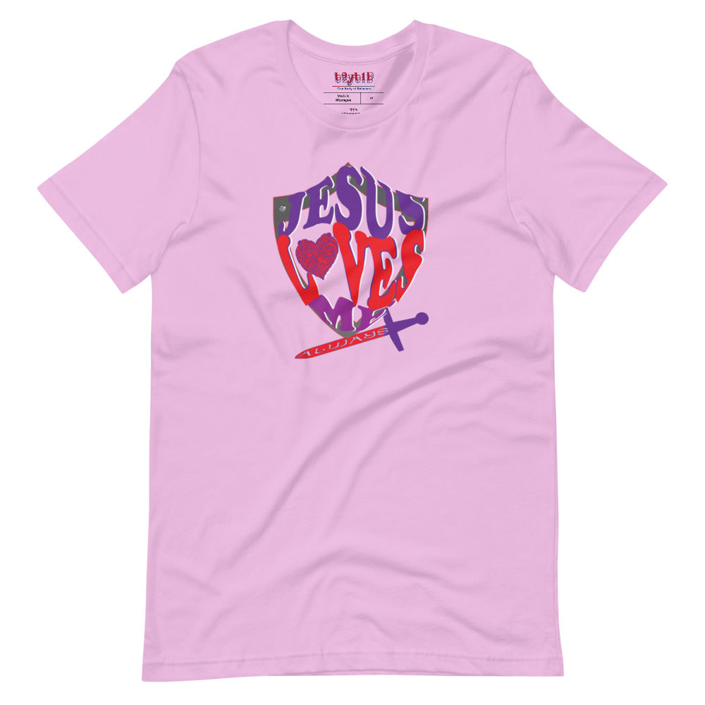 Unisex lilac “Jesus Loves Me” Shield tee  from One Believer — inspirational Christian shirt spreading faith through everyday fashion.