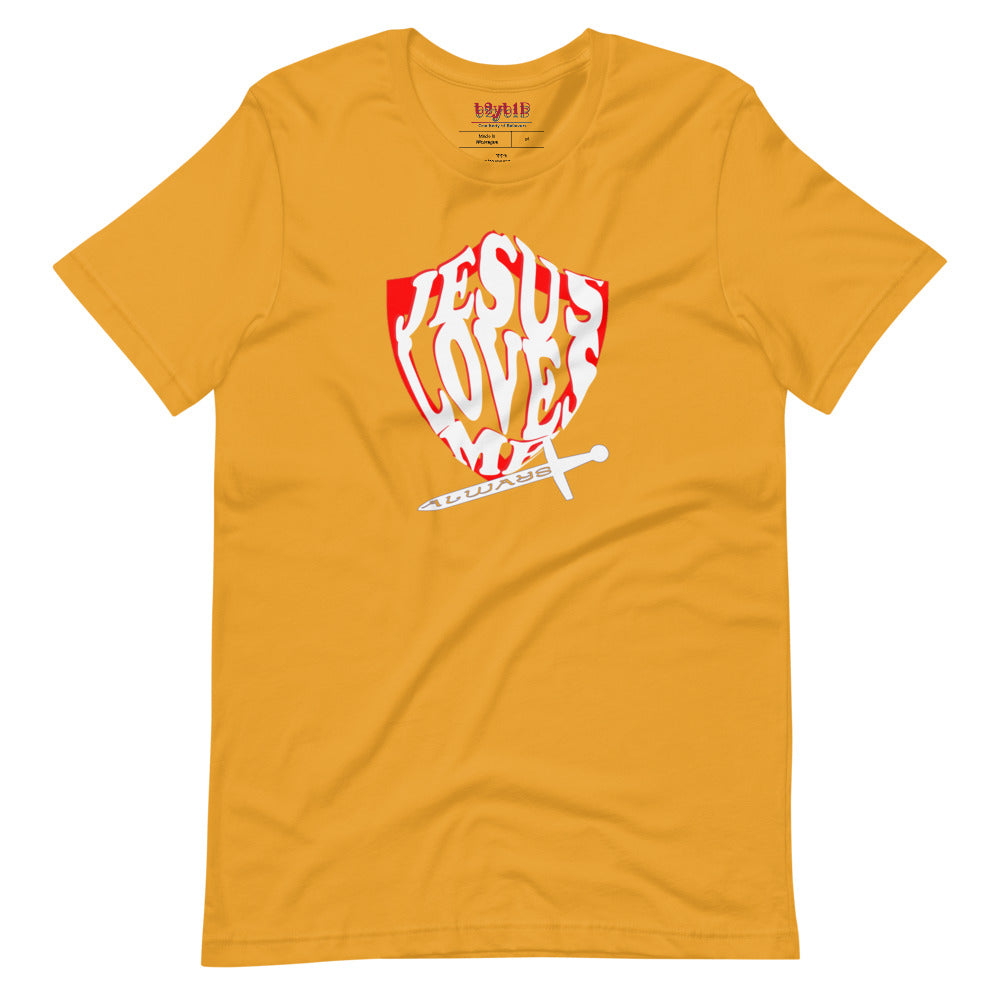Unisex  mustard “Jesus Loves Me” Shield tee  from One Believer — inspirational Christian shirt spreading faith through everyday fashion.