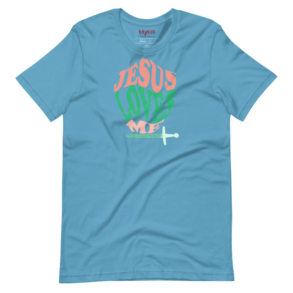 Unisex ocean blue “Jesus Loves Me” Shield tee  from One Believer — inspirational Christian shirt spreading faith through everyday fashion.