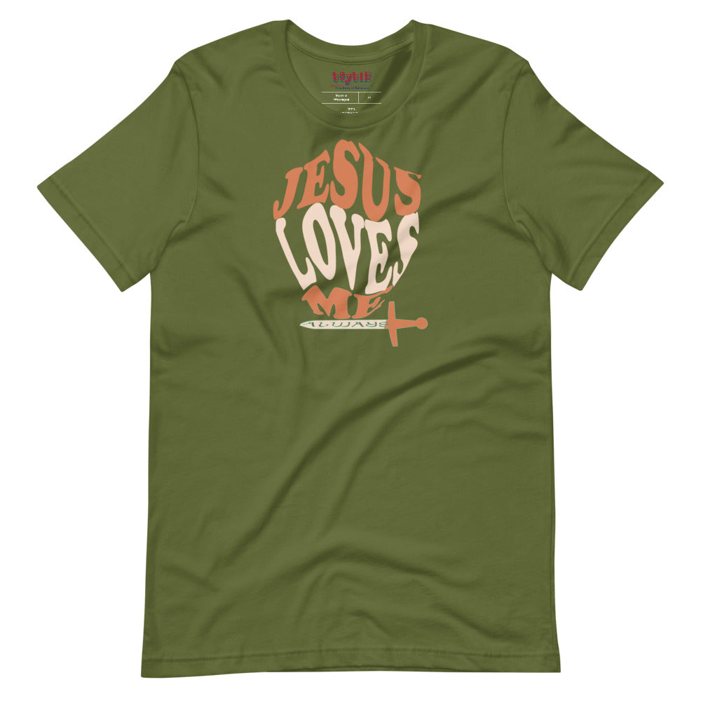 Unisex olive “Jesus Loves Me” Shield tee  from One Believer — inspirational Christian shirt spreading faith through everyday fashion.