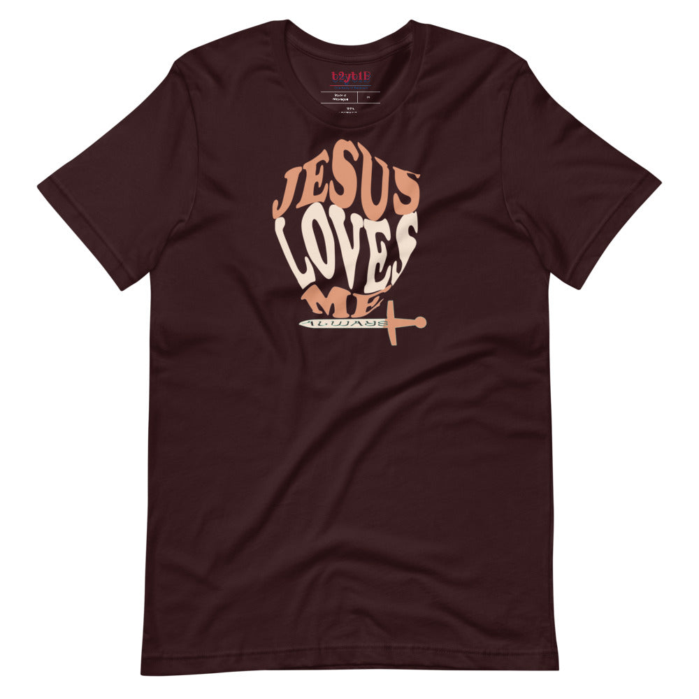 Unisex oxblood black  “Jesus Loves Me” Shield tee  from One Believer — inspirational Christian shirt spreading faith through everyday fashion.