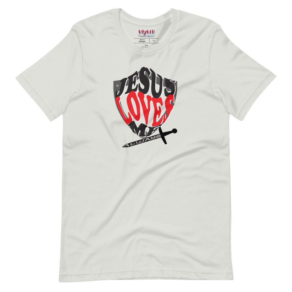 Unisex  silver “Jesus Loves Me” Shield tee  from One Believer — inspirational Christian shirt spreading faith through everyday fashion.
